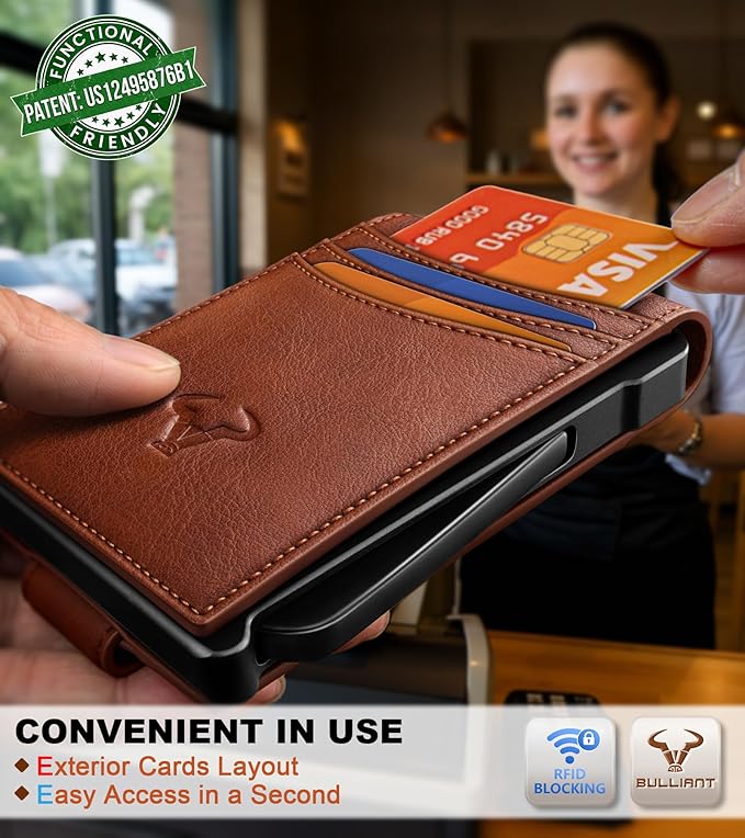BULLIANT Men Wallet,Metal Case Money Clip with Grain Leather Flip 11 Cards-Pop-up Access Magetic Closure