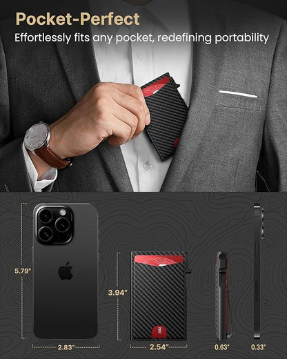 typecase Flip Pop Up Wallet for Men Card Holder: Smart Privacy & ID Display Mode, RFID Blocking, Slim Genuine Leather, Minimalist Front Pocket - 8 Card Capacity | ID Window | Money Clip (Carbon Fiber)
