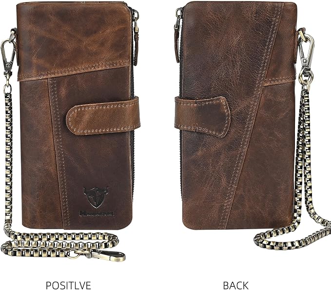 Genuine Crazy Horse Leather Travel Gift Coin Pocket Card Case Long Organizer Chain Rfid Wallet Purse With Snap For Men Male 1803 1815 (1803 Light Brown)