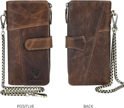 Genuine Crazy Horse Leather Travel Gift Coin Pocket Card Case Long Organizer Chain Rfid Wallet Purse With Snap For Men Male 1803 1815 (1803 Light Brown)