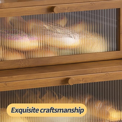 Double Layer Bamboo Bread Box for Kitchen Counter,Bread Holder,Countertop Bread Storage with Window (Brown)