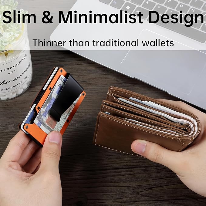 Minimalist Slim Wallet for Men,RFID Blocking Metal Wallet,Aluminum Credit Card Holder & Money Clip 12-15 Cards,Slim Rfid Front Pocket Mens Wallet,Matte Orange