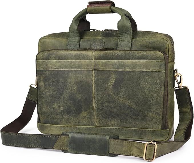 LEATHER VILLAGE 16" Leather Laptop Messenger Briefcase Bag for Men-Leather Satchel for Travel and Office Shoulder Bag- Olive