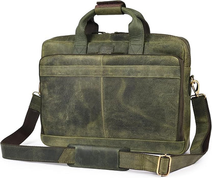 LEATHER VILLAGE 16" Leather Laptop Messenger Briefcase Bag for Men-Leather Satchel for Travel and Office Shoulder Bag- Olive