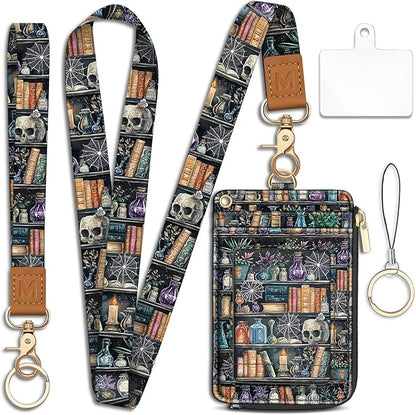 Goth Bookshelf Skull Lanyard Wallet with ID Badge Holder, Witchy Small RFID Wallet Women Keychain Wristlet, Slim Credit Card Holder with Zipper Pocket Phone Lanyard Wrist Strap Name Tag Office Teacher