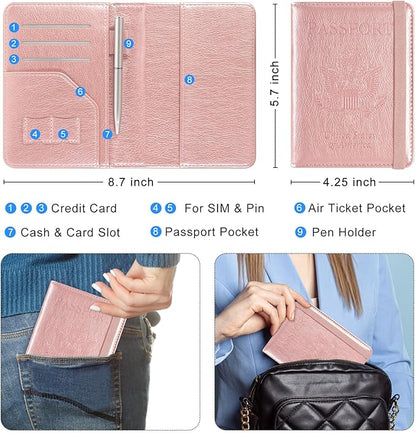 ACdream RFID BLOCKING Passport Holder Travel Wallet, Premium PU Leather Cover Passport Book with Card Holder, Pen Holder, Keep Organization, and Travel Essentials for Women and Men, Rose Gold