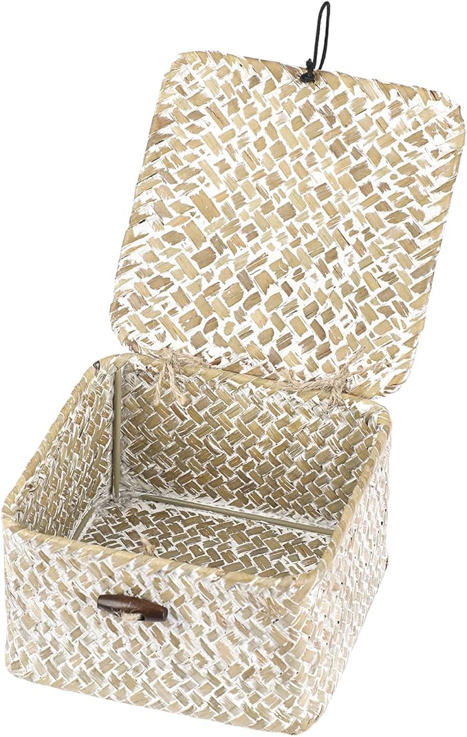 Hipiwe Wicker Shelf Baskets with Lid Handwoven Seagrass Storage Box Decorative Basket Bin Household Organizer Bin for Shelf Bathroom Coffee Table Decor Organizer, X-small