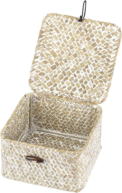 Hipiwe Wicker Shelf Baskets with Lid Handwoven Seagrass Storage Box Decorative Basket Bin Household Organizer Bin for Shelf Bathroom Coffee Table Decor Organizer, X-small