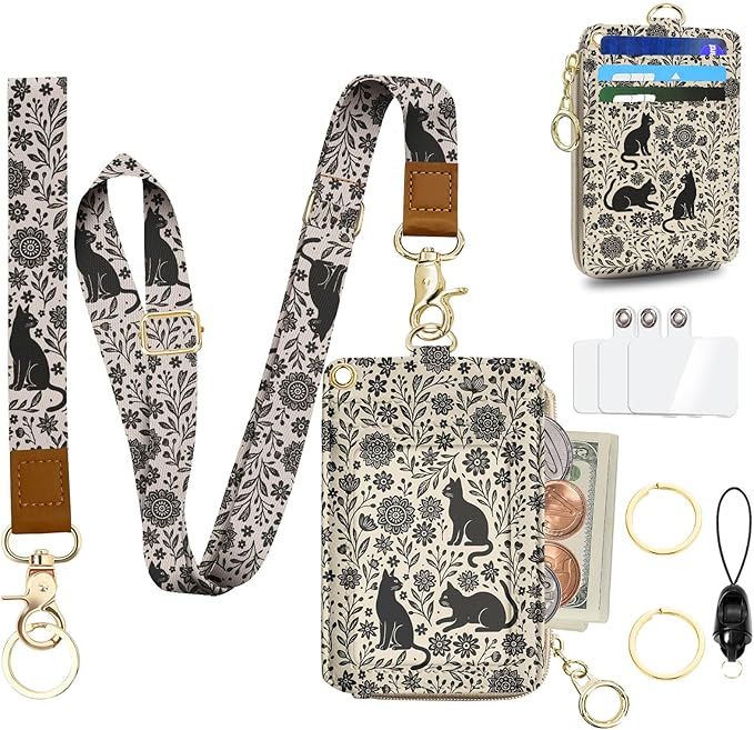 Floral Cat Lanyard Wallet, PU Lanyards for ID Badge, Keychain ID Badge Holder with Breakaway Neck & Wristlet Leather Zip Id Case Wallet for Women Woker Teacher Nurse Gift