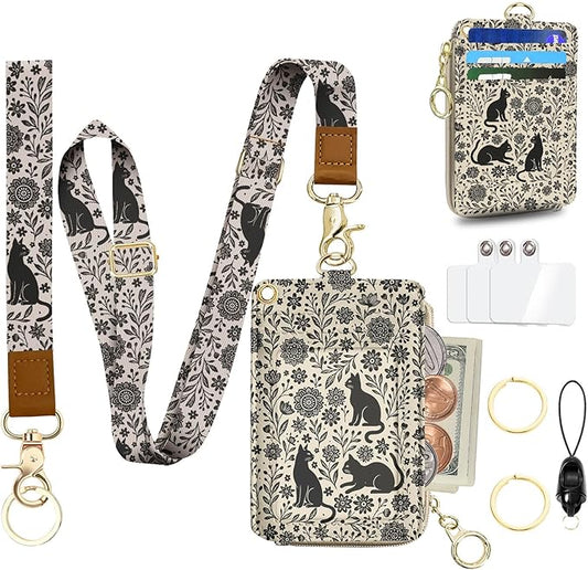 Floral Cat Lanyard Wallet, PU Lanyards for ID Badge, Keychain ID Badge Holder with Breakaway Neck & Wristlet Leather Zip Id Case Wallet for Women Woker Teacher Nurse Gift