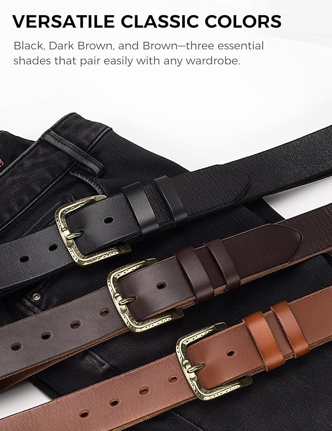 Men's Everyday Casual Belt - 1.5 Inch Full Grain Genuine Leather with Brass Buckle