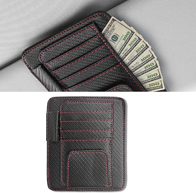 Car Sun Visor Organizer, Multifunctional Auto Visor Document Holder with Sunglasses Clip, Universal Car Interior Accessories Organizer for Drving License, Card, Pen (Carbon Fiber Black&Red)