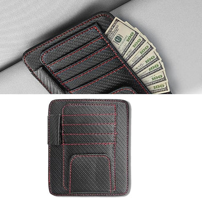 Car Sun Visor Organizer, Multifunctional Auto Visor Document Holder with Sunglasses Clip, Universal Car Interior Accessories Organizer for Drving License, Card, Pen (Carbon Fiber Black&Red)