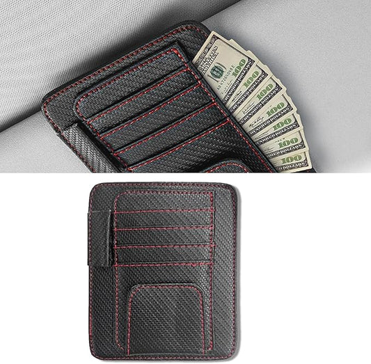 Car Sun Visor Organizer, Multifunctional Auto Visor Document Holder with Sunglasses Clip, Universal Car Interior Accessories Organizer for Drving License, Card, Pen (Carbon Fiber Black&Red)