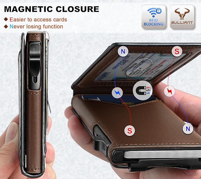 BULLIANT Men Wallet,Magnetic Metal Wallet Money Clip 9Cards Pop-up Access RFID Blocking