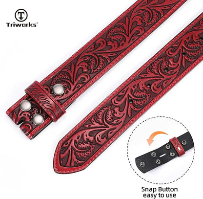 TRIWORKS Western Belt Strap for Men without Buckle 1.5" Wide Floral Engraved Embossed Leather Belt Strap