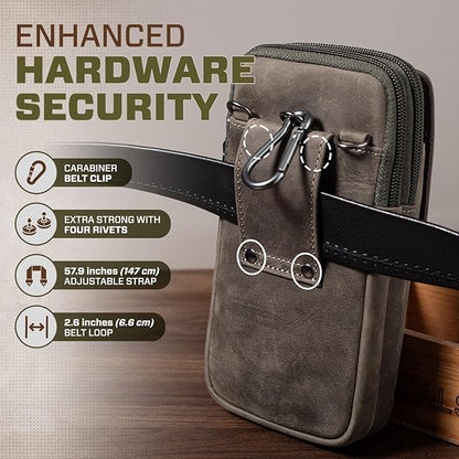 Hengwin Leather Men Cell Phone Holster Wallet Case with Belt Clip Travel Messenger Bag Waist Pouch Crossbody Purse Fit for iPhone 16 Pro Max 15 Pro Max 14 Pro Max Samsung Galaxy S25 Ultra S24+ (Grey)