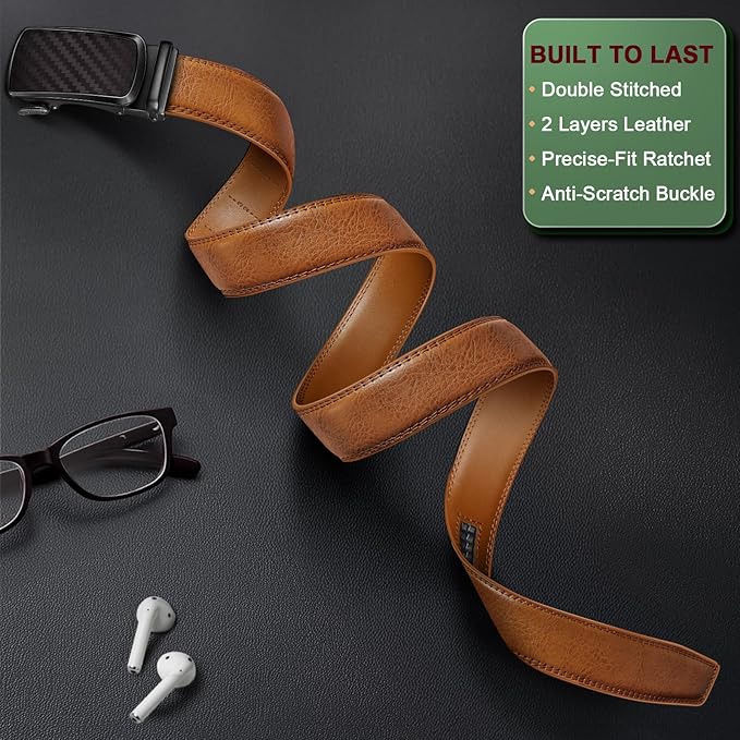 KEMISANT Men Belt Ratchet Click Belt Genuine Leather Adjustable For Men Golf Dress Casual Jeans 1 3/8-Cut For Fit