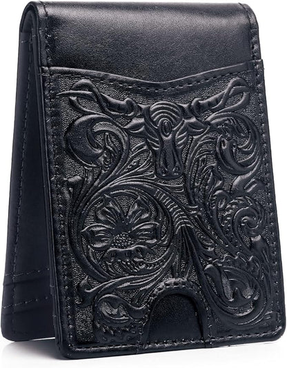 Pefiam Full Grain Leather Bifold Wallet for Men - 11 Slots, RFID Blocking, Gifts for Men - Cowboy Black