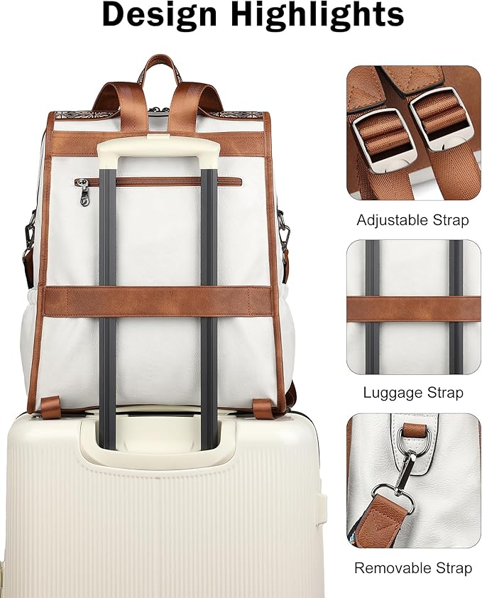 FADEON Leather Laptop Backpack for Women, Designer Ladies Work Travel Computer Backpack with Laptop Compartment Purse White