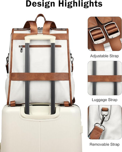 FADEON Leather Laptop Backpack for Women, Designer Ladies Work Travel Computer Backpack with Laptop Compartment Purse White