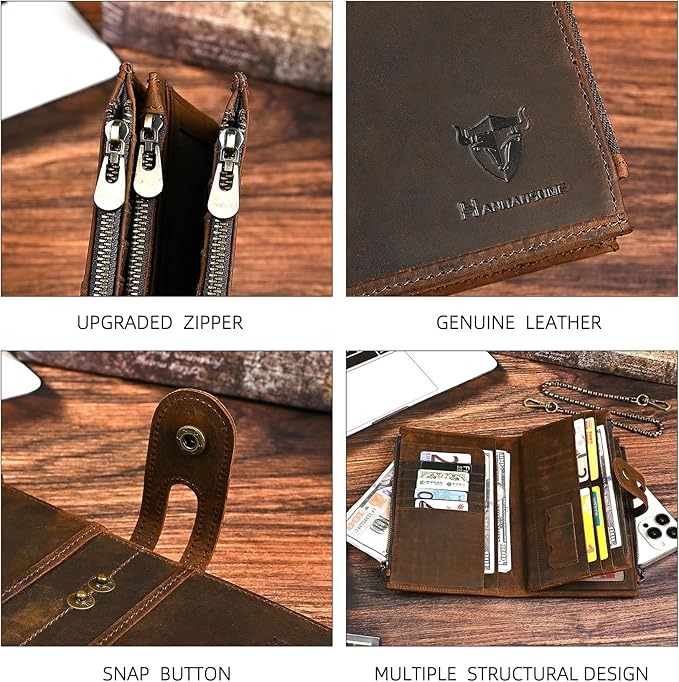 Genuine Crazy Horse Leather Travel Gift Coin Pocket Card Case Long Organizer Chain Rfid Wallet Purse With Snap For Men Male 1803 1815 (1815 Brown)