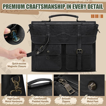 RAINSMORE Mens Messenger Bag 17 Inch Vintage Leather Laptop Briefcase Magnetic Closure Large Satchel Computer Shoulder Bag