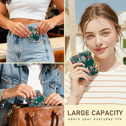 Jogjam Mushroom Green Rfid Ladies Wallet, Small Slim Thin Compact Credit Card Women Wallet, PU Leather Bifold Cash Zipper Coin Pocket ID Window for Female