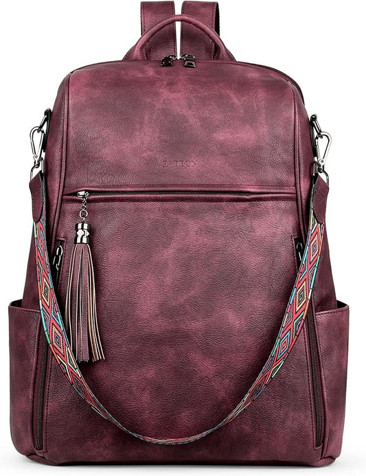 FADEON Leather Laptop Backpack for Women Designer 15.6 inch PU Laptop Bag, Ladies Travel Computer Work Backpack Red