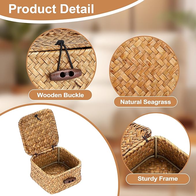 Hipiwe Handwoven Wicker Basket with Lid Desk Organizer for Remote Control Key Glass Coffee Color Seagrass Box for Decoration, Caramel Color 3.5" x 3.5" x 2"