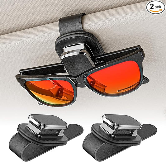 2-Pack Sunglass Holder for Car Visor, One-Handed Operation Leather Sunglasses Clip with Soft Padding, Auto-Clamping Eyeglasses Organizer for Sun Visor, Universal Car Accessories (Black)