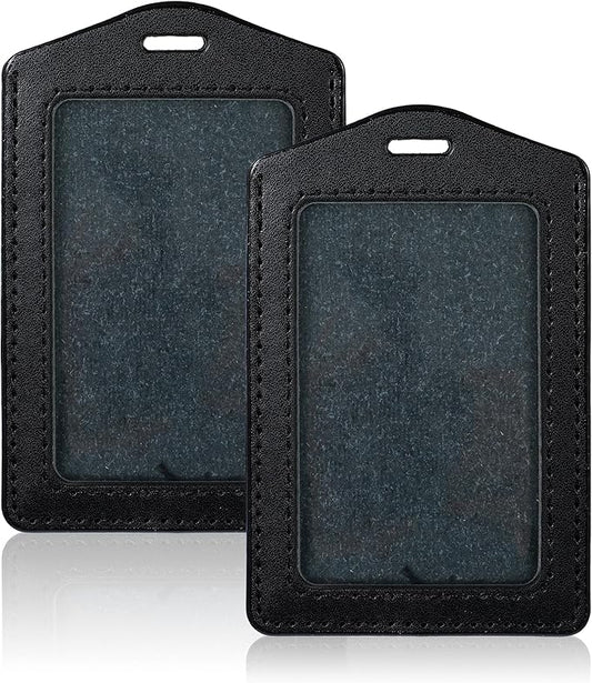 Manor 2 Pcs Leather ID Badge Holder Vertical Single-Side Clear Card Holder Waterproof Name ID Credit Cards Badge Holders for Office, Staff, Students, Employees