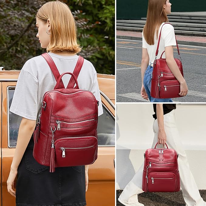 ALTOSY Genuine Leather Backpack Purse for Women Large Shoulder Bag With Laptop Compartment Multiple Pockets(S106 Red)