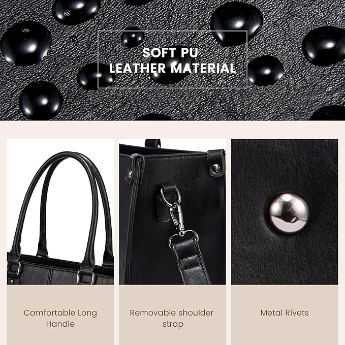 LOVEVOOK Laptop Tote Bag for Women, 15.6 Inch Large Capacity Vintage Leather Work Computer Bag, Business Casual Shoulder Handbag, Black