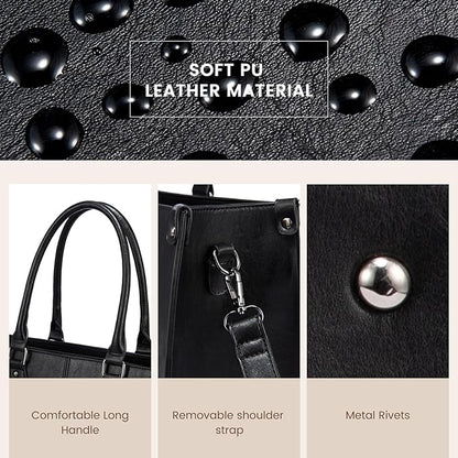 LOVEVOOK Laptop Tote Bag for Women, 15.6 Inch Large Capacity Vintage Leather Work Computer Bag, Business Casual Shoulder Handbag, Black
