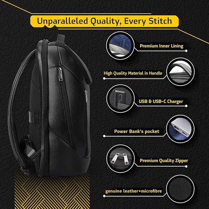 LENZN Durable Leather Laptop Business Backpack Perfect for Men & Women, Work Backpack Fits 15.6 Inch, Premium Quality Travel Bag with USB Charging Port, Water-Resistant, Bookbag with Multiple Pockets