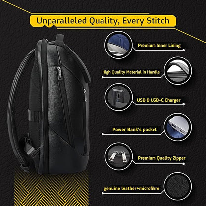 LENZN Durable Leather Laptop Business Backpack Perfect for Men & Women, Work Backpack Fits 15.6 Inch, Premium Quality Travel Bag with USB Charging Port, Water-Resistant, Bookbag with Multiple Pockets