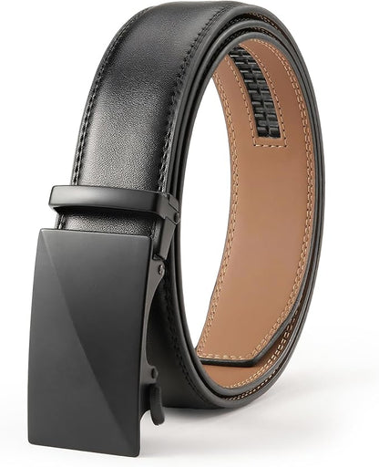 Men's Leather Ratchet Belt, 1-3/8" Wide, Auto Buckle, Trim-to-Fit, No Holes, Casual & Dress, Gift Box