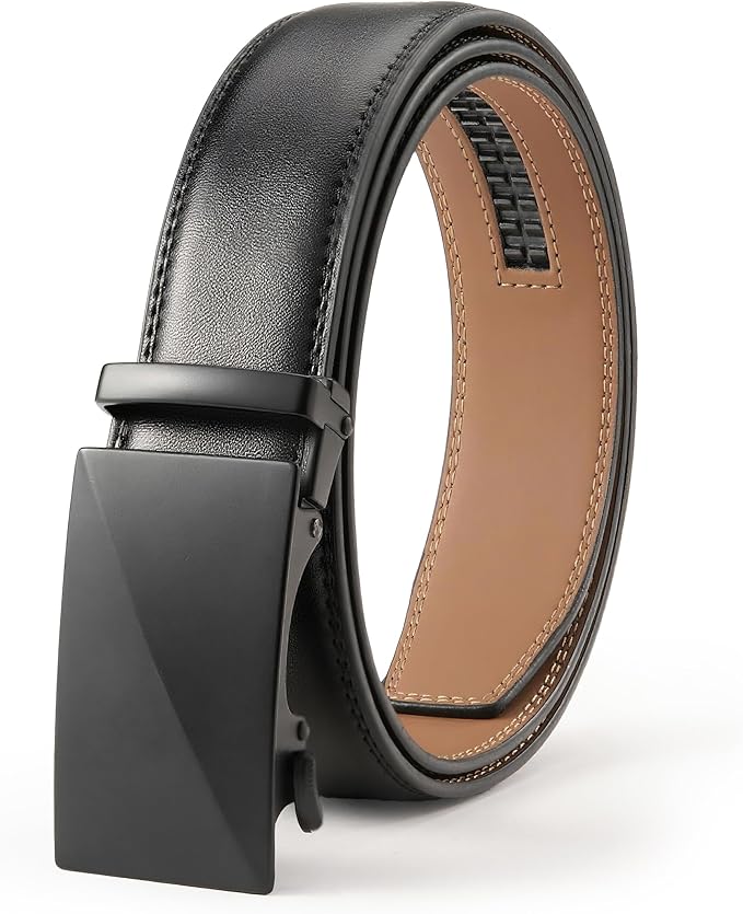 Men's Leather Ratchet Belt, 1-3/8" Wide, Auto Buckle, Trim-to-Fit, No Holes, Casual & Dress, Gift Box