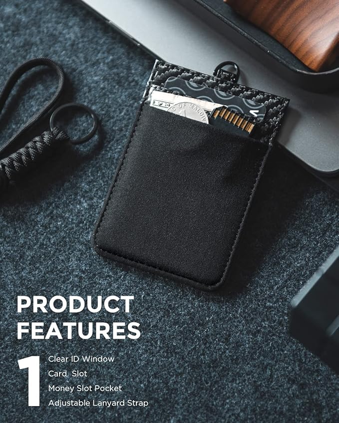 VULKIT ID Badge Holder with Lanyard for Women and Men Vertical Leather Badge Holder with Clear ID Window Card Holder Slot and Money Pocket Carbon Fiber