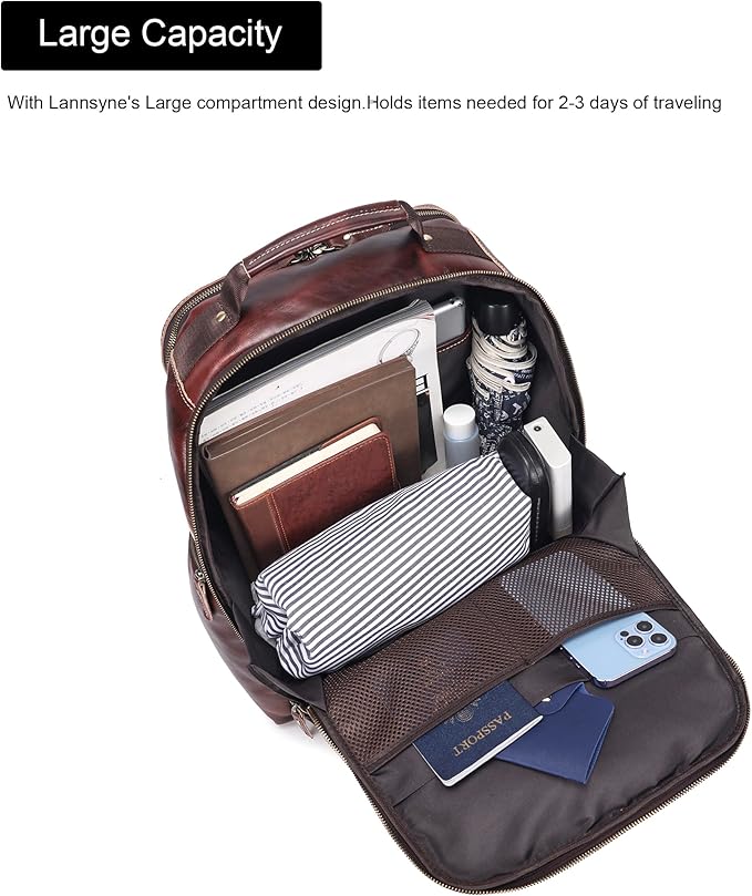LANNSYNE Vintage Full Grain Leather Backpack For Men, 17.3'' Laptop Bag Causal Rucksack Shoulder Bag Overnight For Business/Hiking/Travel