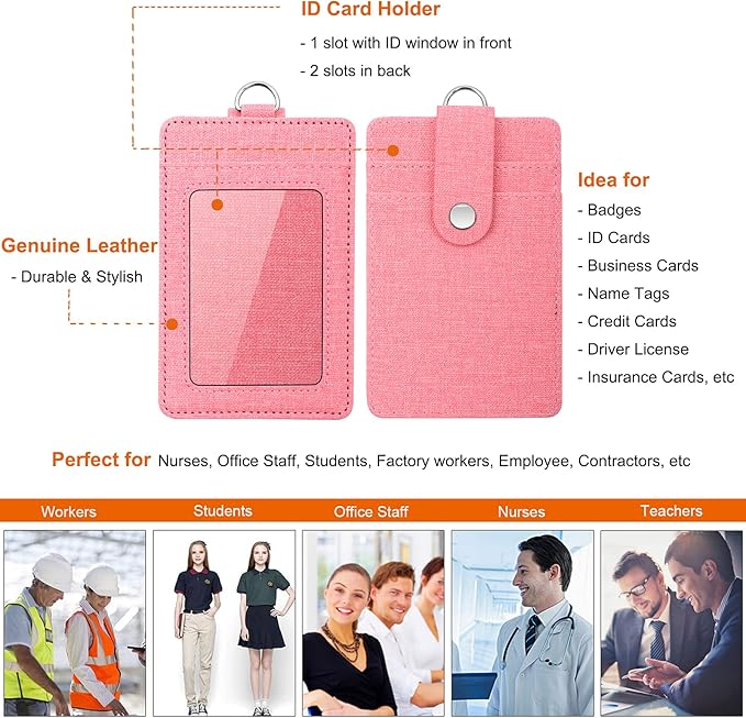 Life-Mate Badge Holder - Leather ID Badge Card Holder Wallet Case with 3 Cards Slot and Neck Lanyard/Strap. Additional Retractable Badge Reel with Belt Clip (Pink)