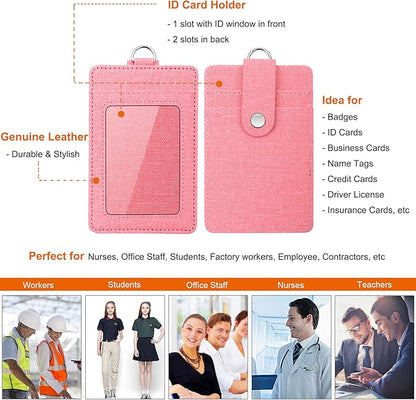 Life-Mate Badge Holder - Leather ID Badge Card Holder Wallet Case with 3 Cards Slot and Neck Lanyard/Strap. Additional Retractable Badge Reel with Belt Clip (Pink)