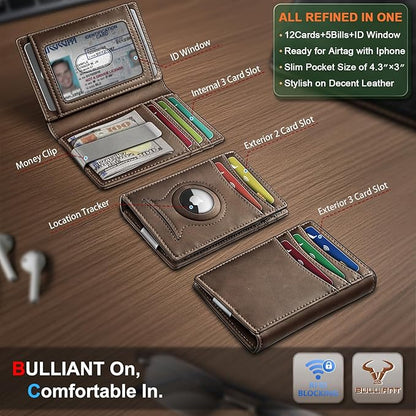 BULLIANT Men Airtag Wallet,Slim Wallet Money Clip Card Holder Magnetic Closure 12 Cards in Front Pocket RFID Blocking