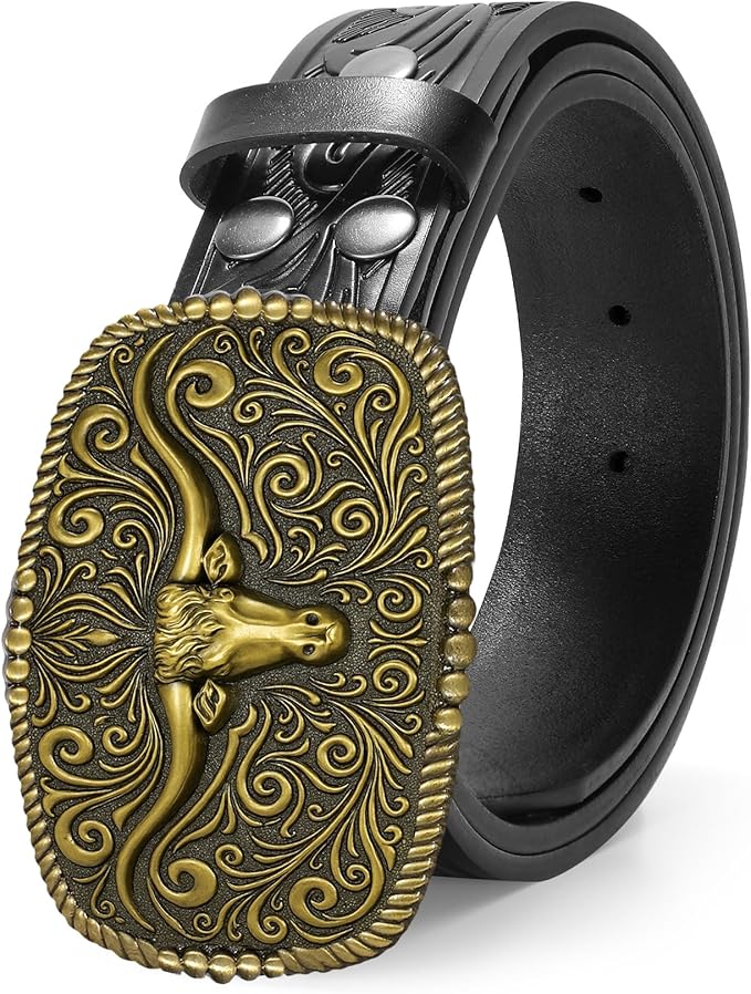 TRIWORKS Western Belt for Men Women Cowboy Engraved Belt Western Buckle Embossed Leather Belt