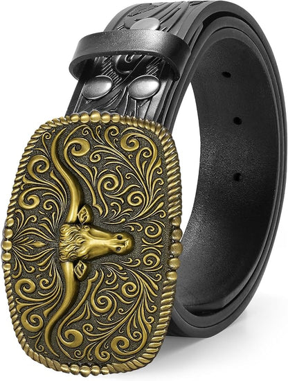 TRIWORKS Western Belt for Men Women Cowboy Engraved Belt Western Buckle Embossed Leather Belt