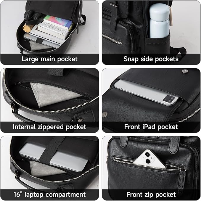 Leather Backpack Laptop 15.6 inch Lightweight Retro Business College Casual Travel Overnight Daypack Work backpack black Gift