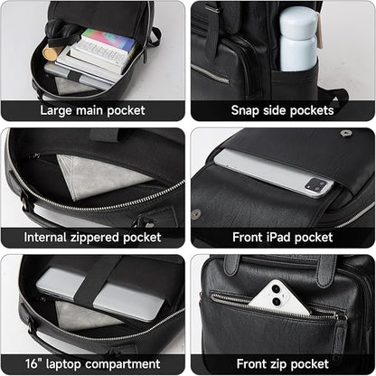 Leather Backpack Laptop 15.6 inch Lightweight Retro Business College Casual Travel Overnight Daypack Work backpack black Gift