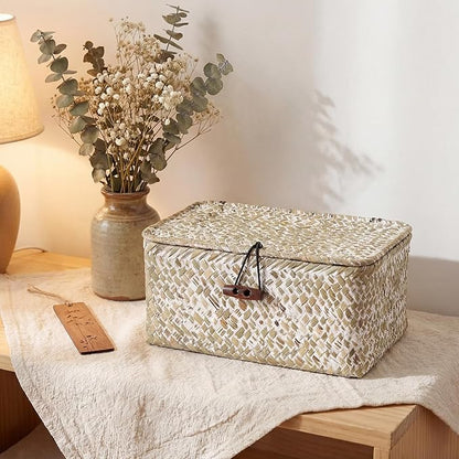 Hipiwe Mini Seagrass Basket with Lid Decorative Shelf Basket Box Multipurpose Desktop Organizer, Whitewash 7.0" x 4.3" x 3.3"