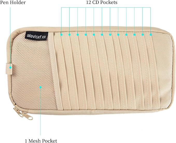 alavisxf xx Car CD Holder, DVD Vehicle Visor Storage Organizer, Large Capacity CD Visor Case with 12 Sleeves, 1 Mesh Pocket, 1 Pen Holder, 1 Back Inner Pocket (Apricot)